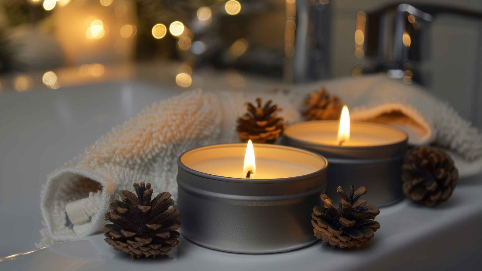 Candle packaging on edge of bath