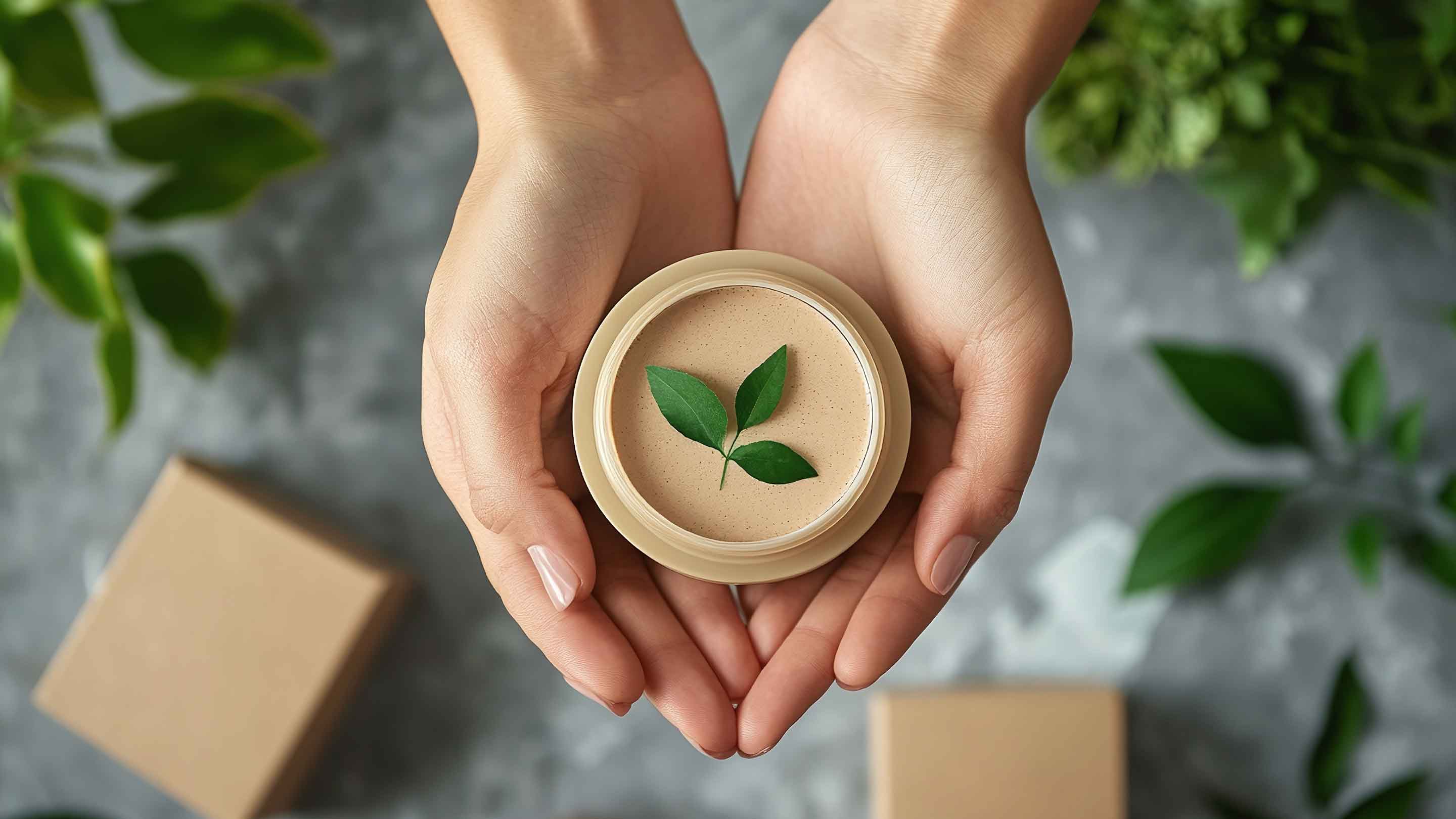 Hands holding sustainable cosmetics packaging