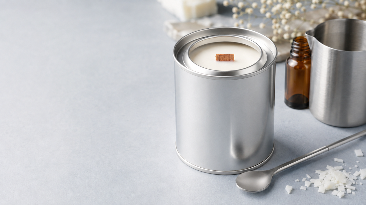 silver candle tin with a wooden wick, surrounded by candle-making tools, fragrance oil and wax.