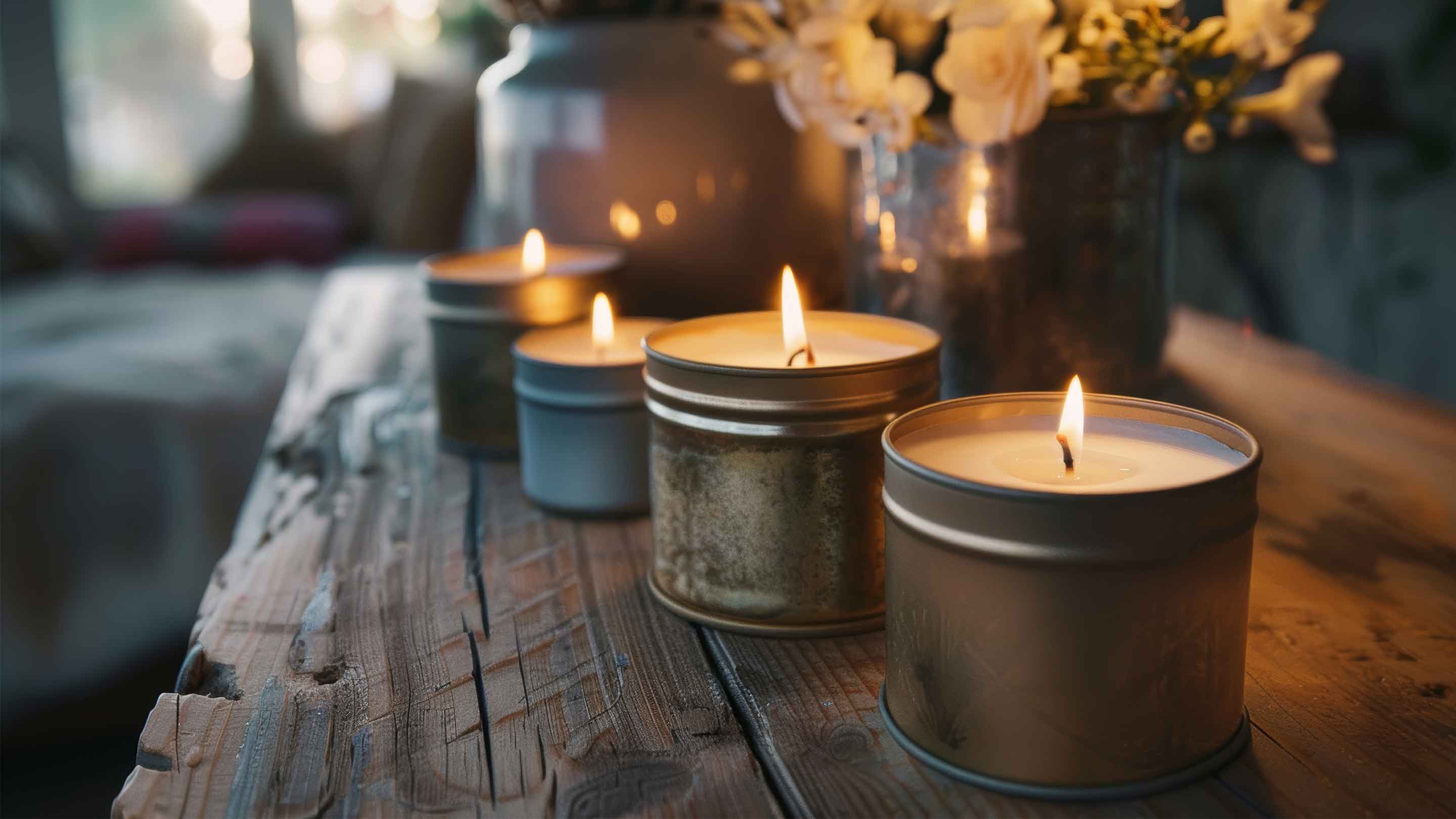 Candle tin candles on wooden bench