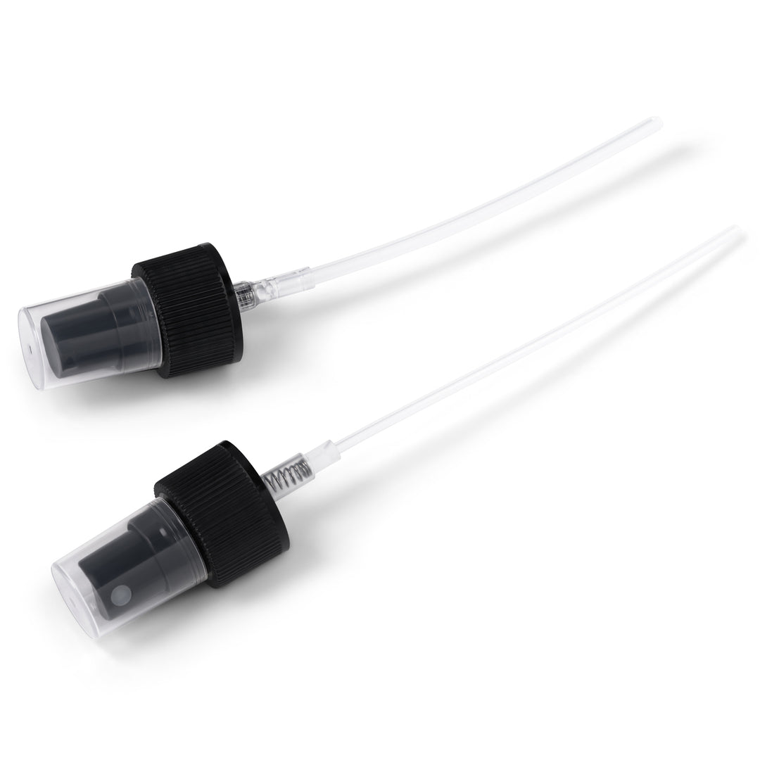 Black Pump and spray caps together showing the internal pipe length.