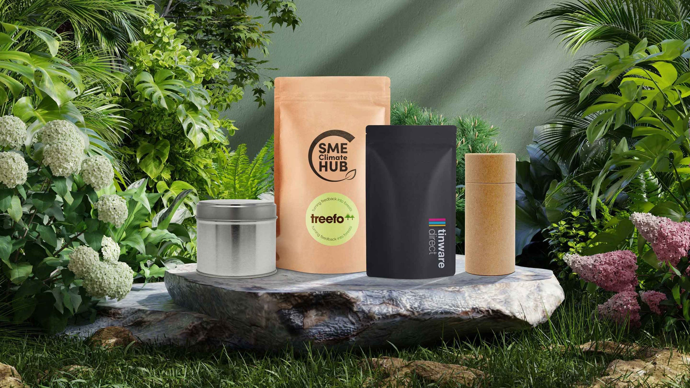 A collection of packaging in different materials with a green, eco-background.