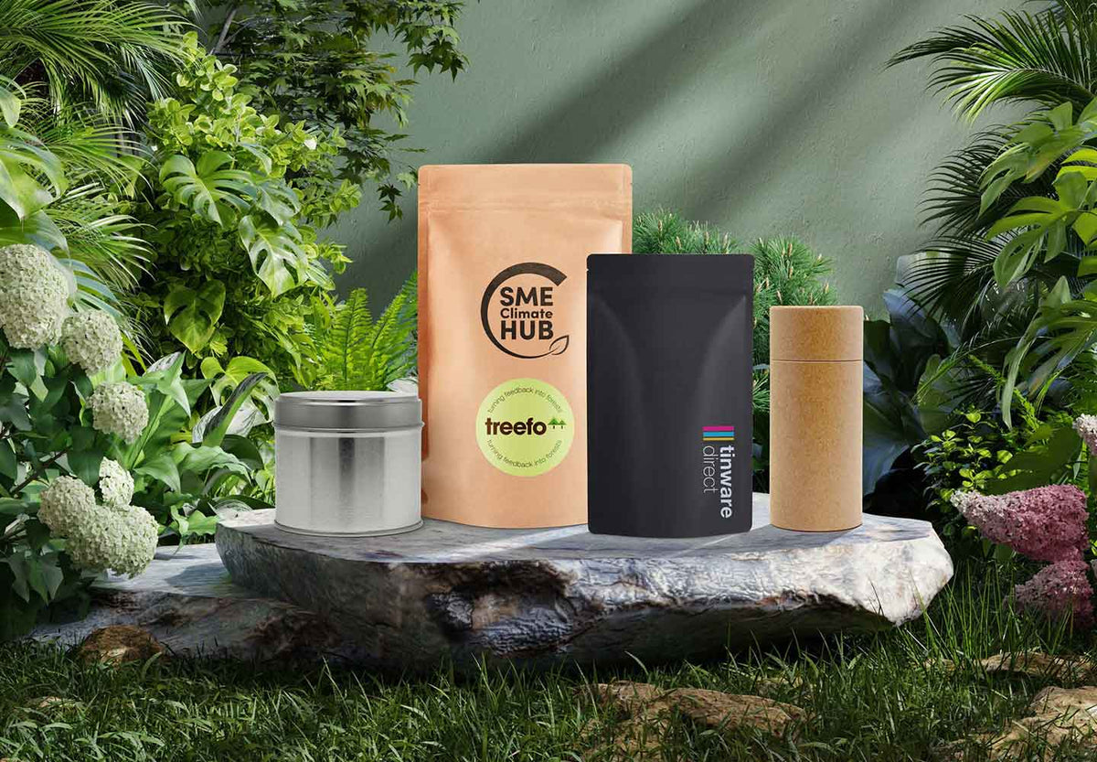 A collection of packaging in different materials with a green, eco-background.