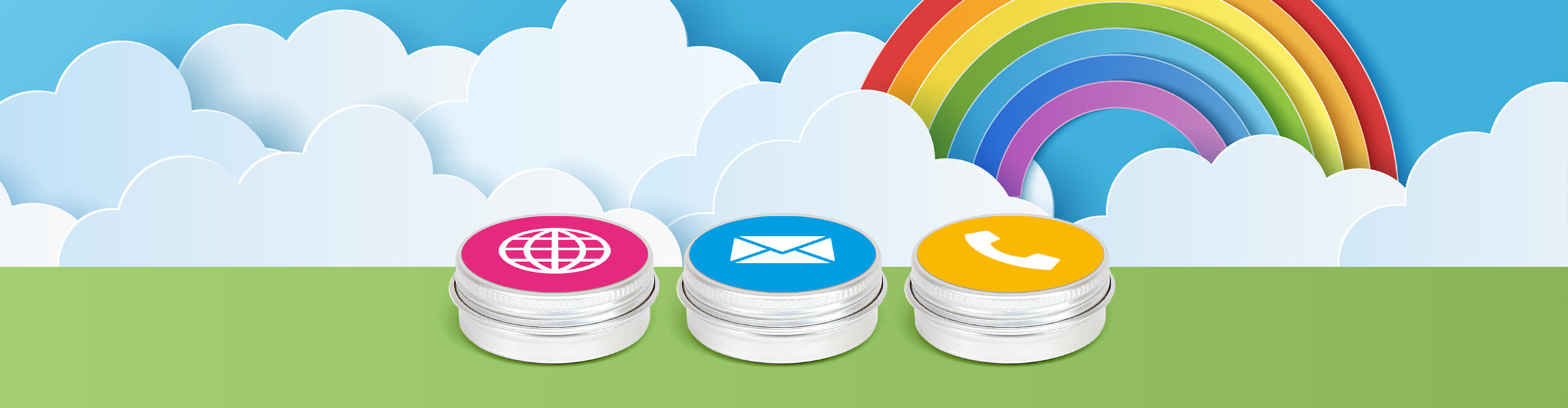 Three silver aluminium screw lid tins with labels that have icons for the website, email and phone, sitting against a background of clouds and a rainbow.