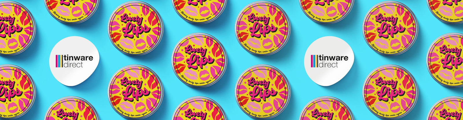 Lots of bright labelled lip balm tins.