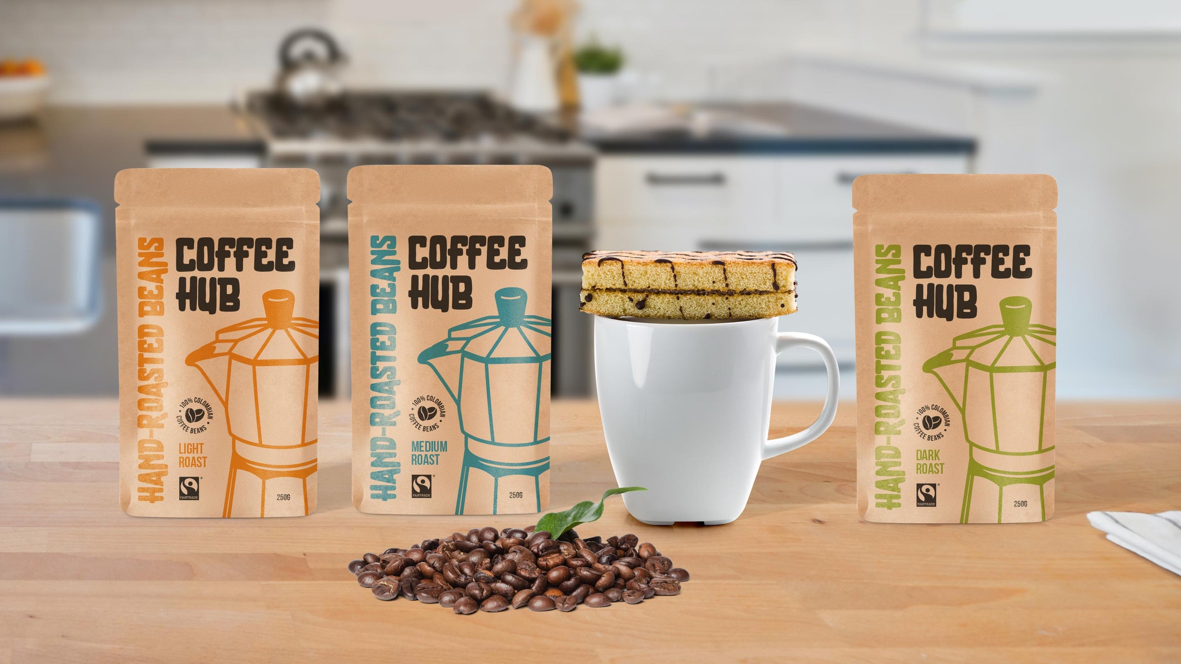 Customised coffee Stand Up Pouch Packaging displayed on table with a kitchen background. Coffee beans on the table at the front with a piece of cake resting on a white cup.  