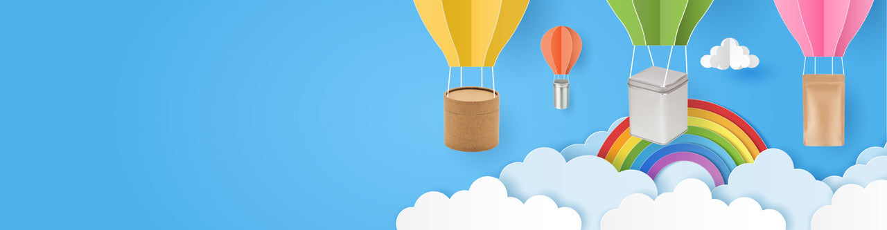 Metal tin packaging, cardboard tubes and stand-up pouches being carried by balloon.