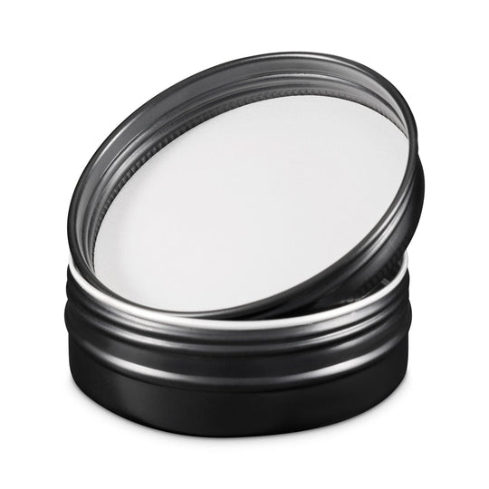 A black tin with lid open showing the internal EPE liner in the lid section and silver interior.