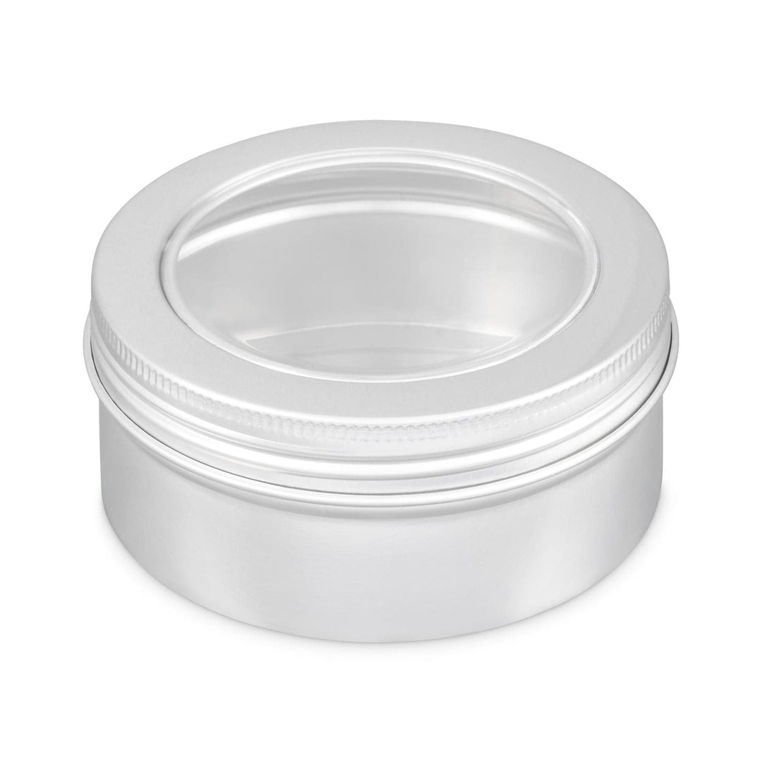 Silver aluminium screw lid tin with window.