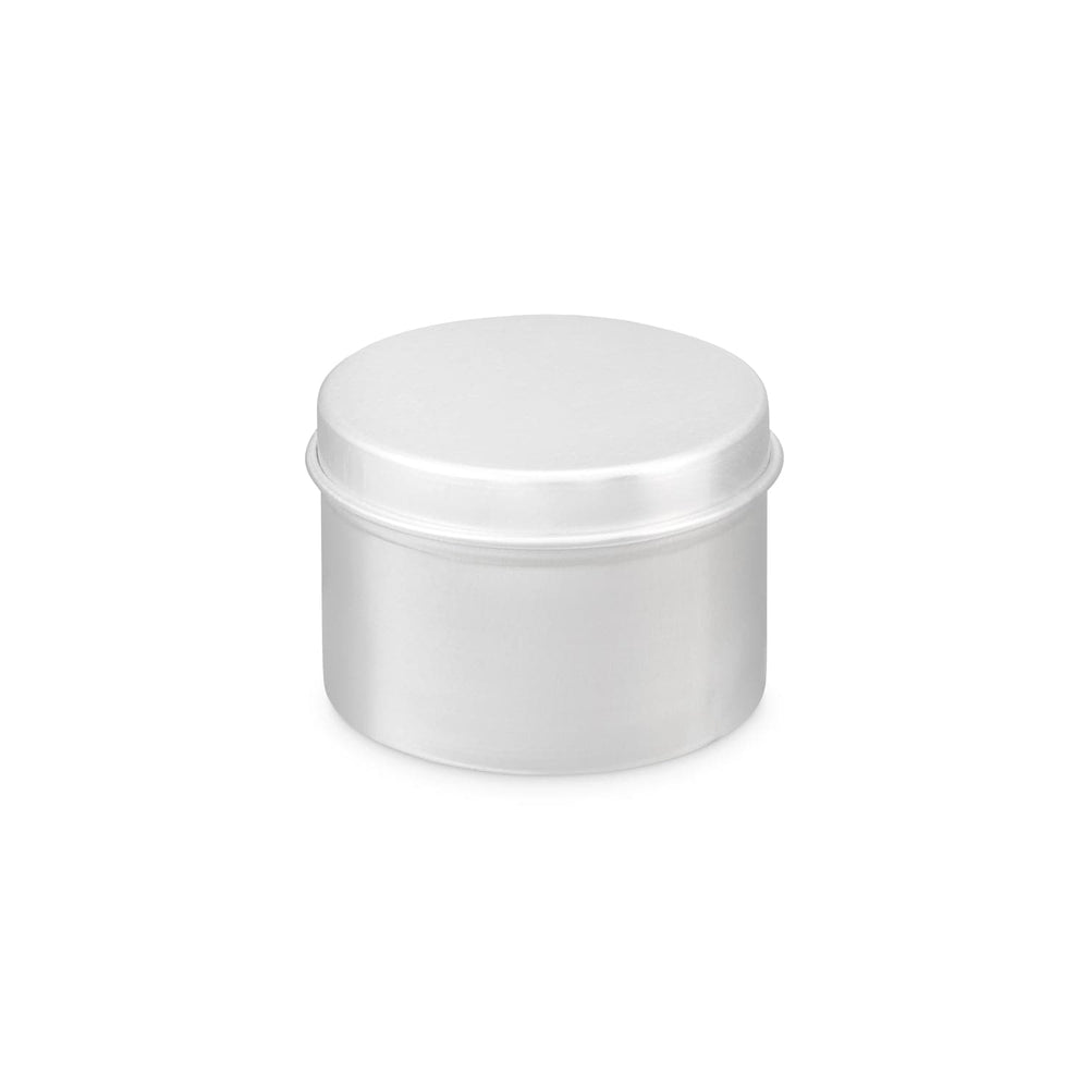 Round silver aluminum tin with a seamless design on a white backdrop