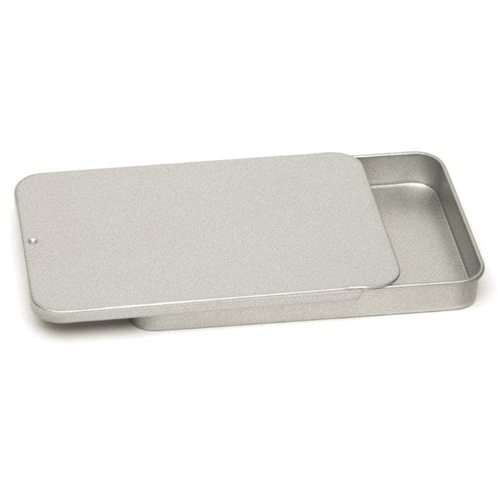 A half open sliding lid tin showing how the lid moves along runners.