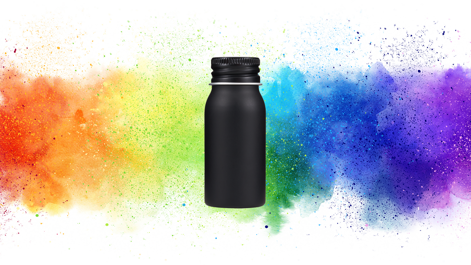 Black aluminium bottle packaging with multiple colours in background