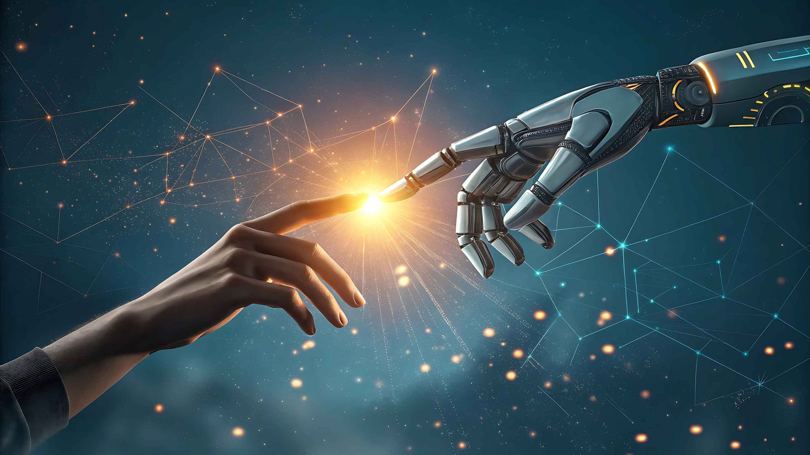 Image with a human hand touching fingers with a robot