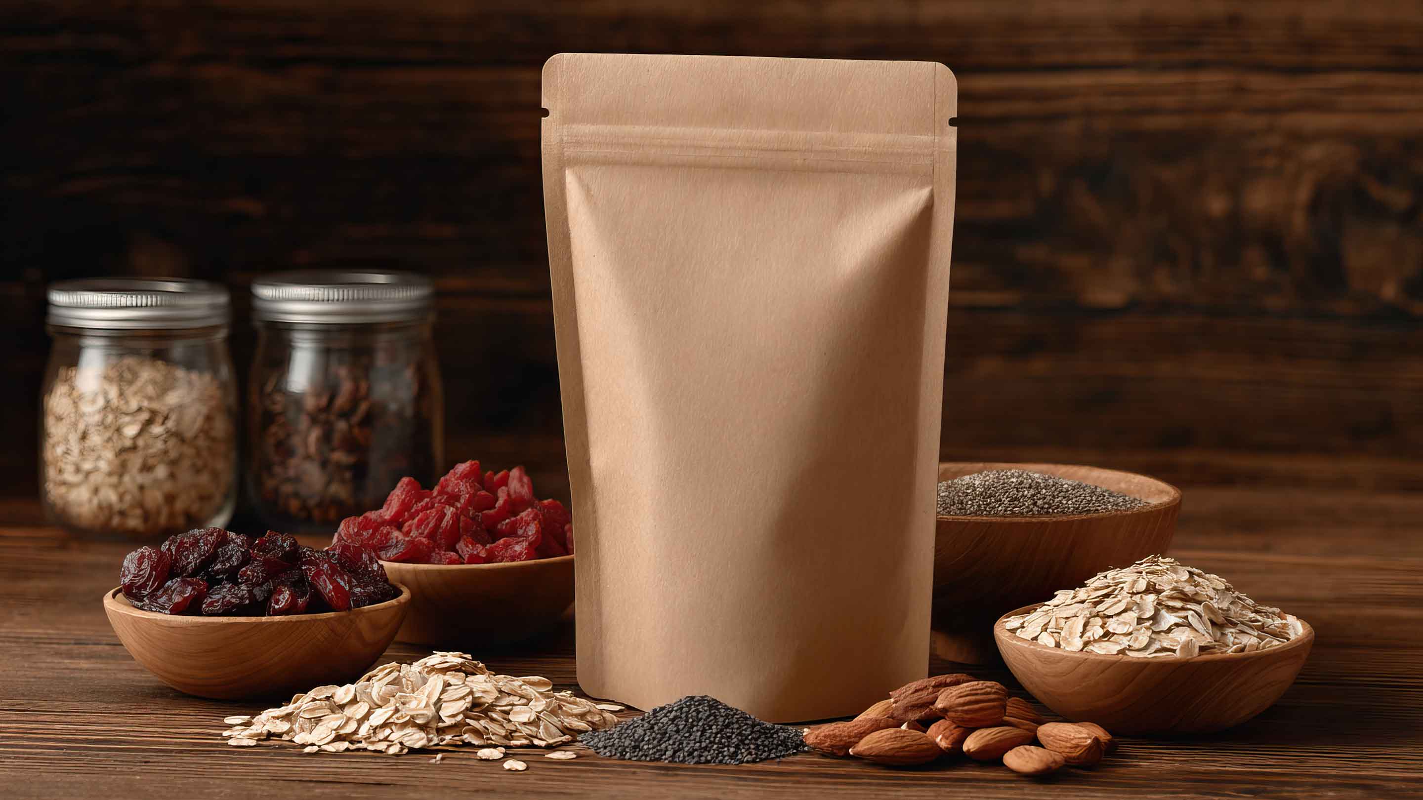 Image of stand up pouch packaging with food on table