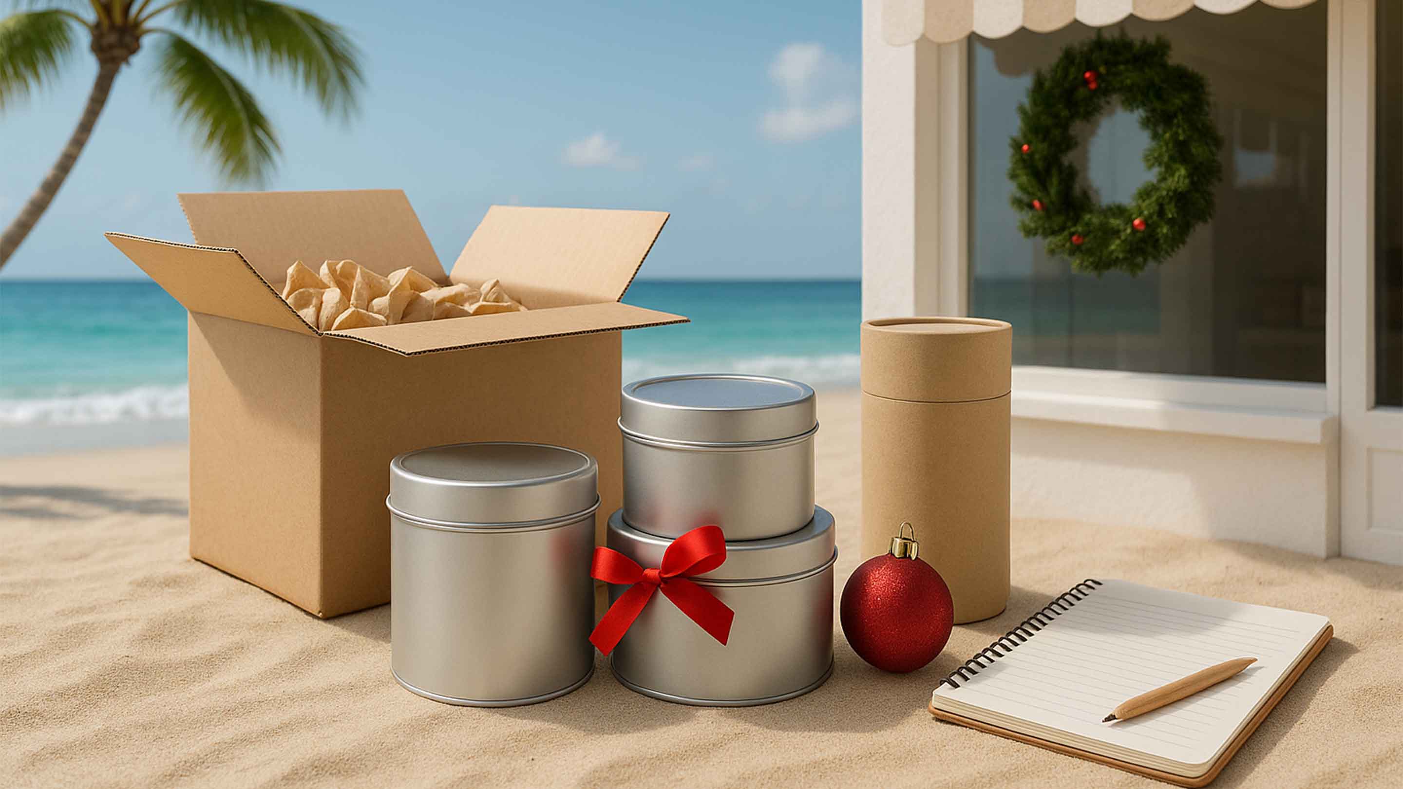 Collection of packaging on beach with festive decor