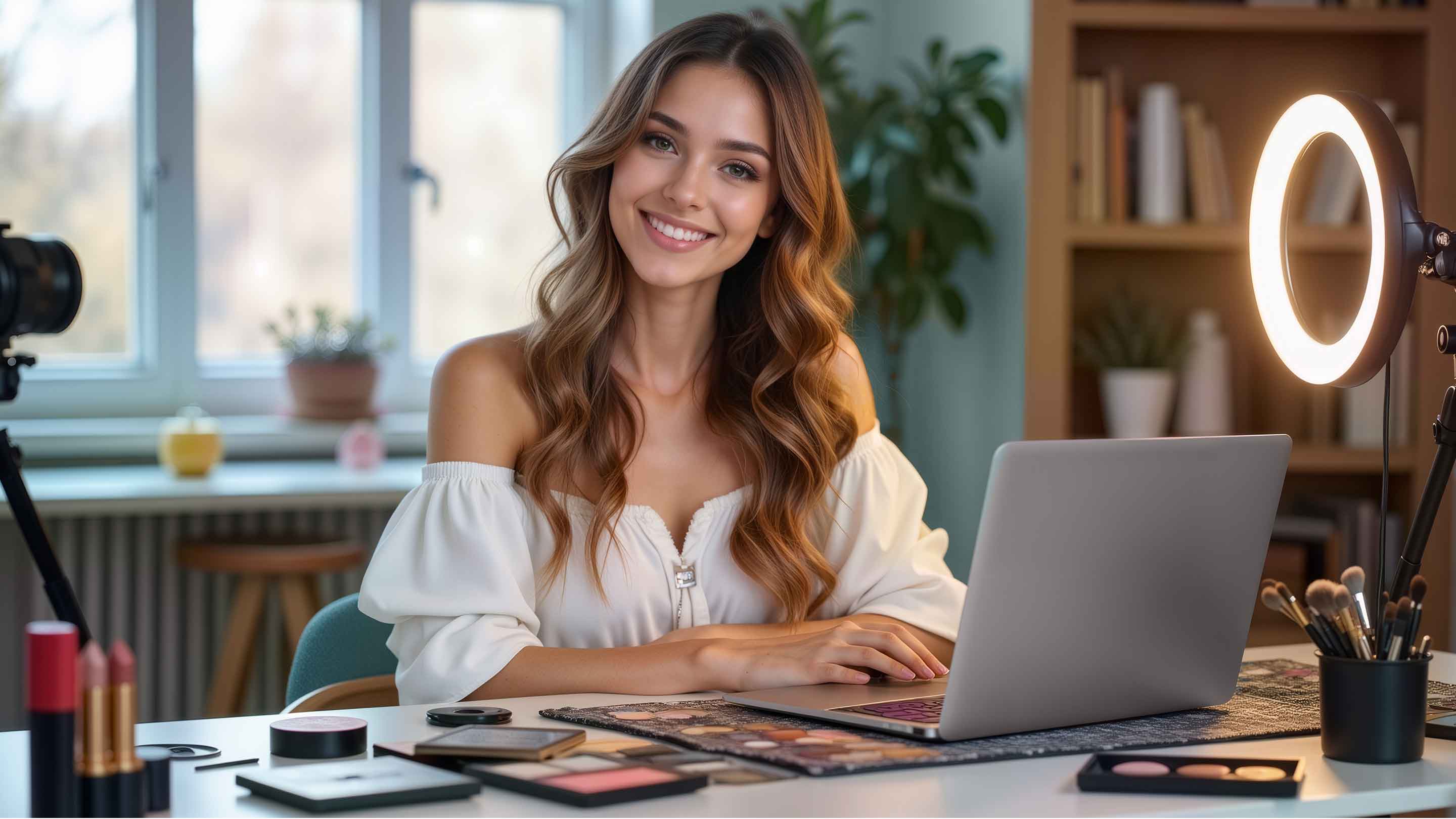 Cosmetics business owner sitting in front of laptop with makeup products.