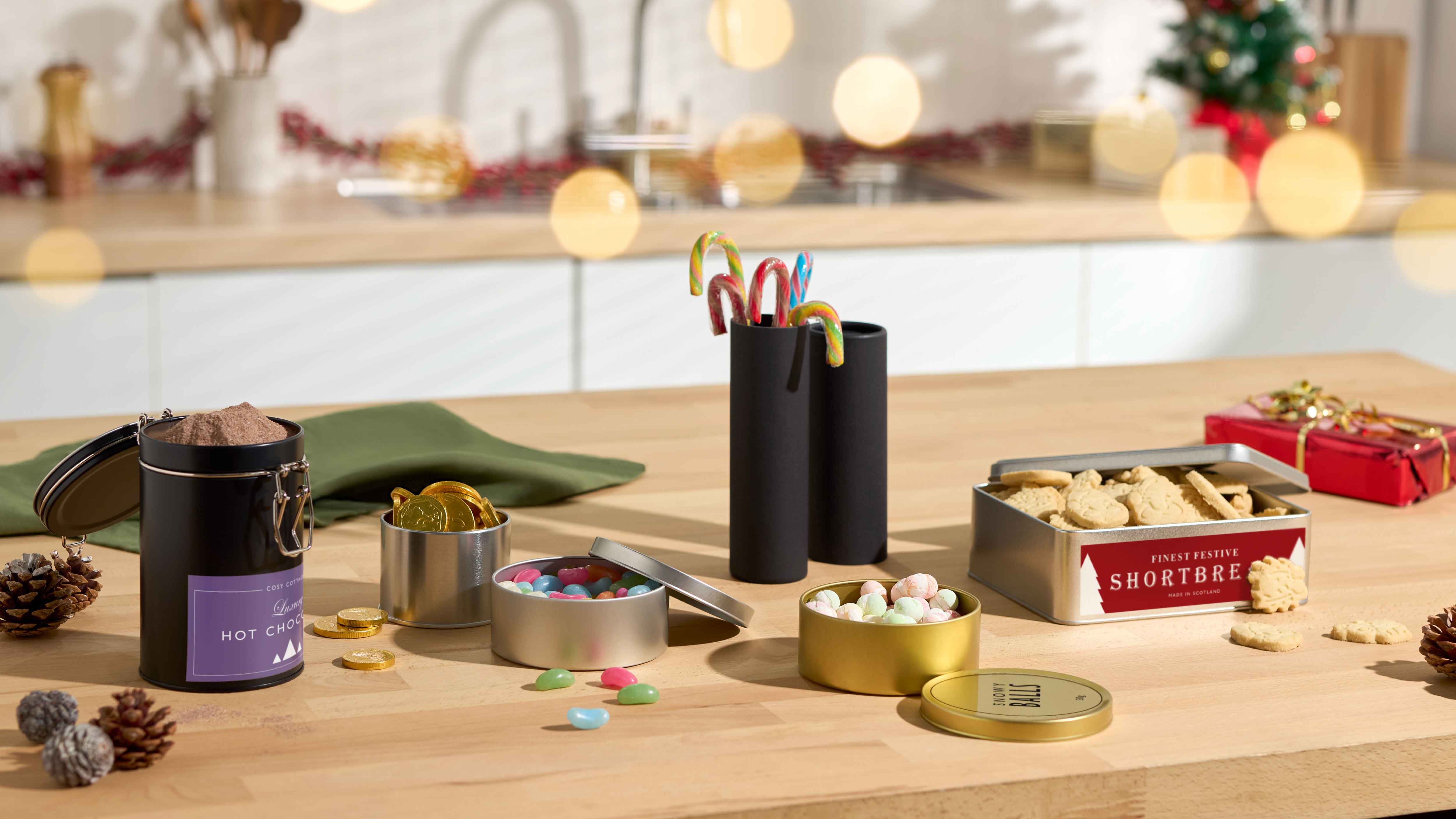 Collection of sweet packaging in Kitchen with festive decor