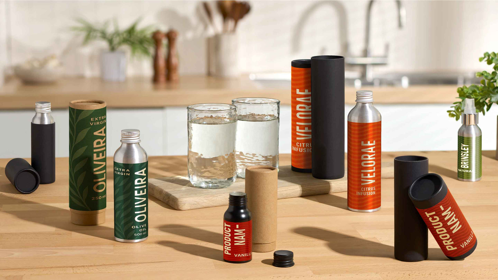 Telescopic tubes with aluminium bottles in kitchen space