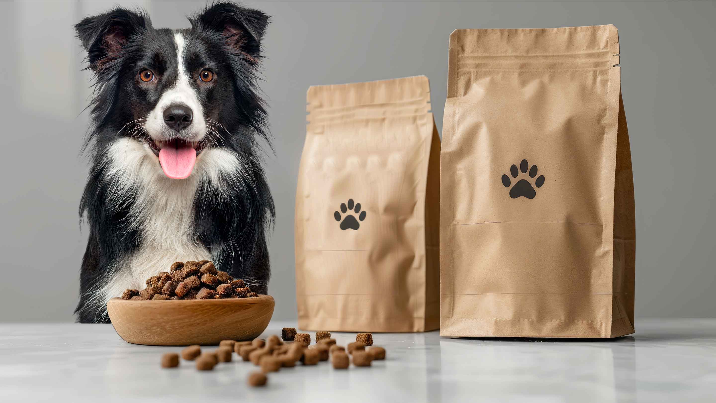 Pet food packaging with dog and bowl of food. 