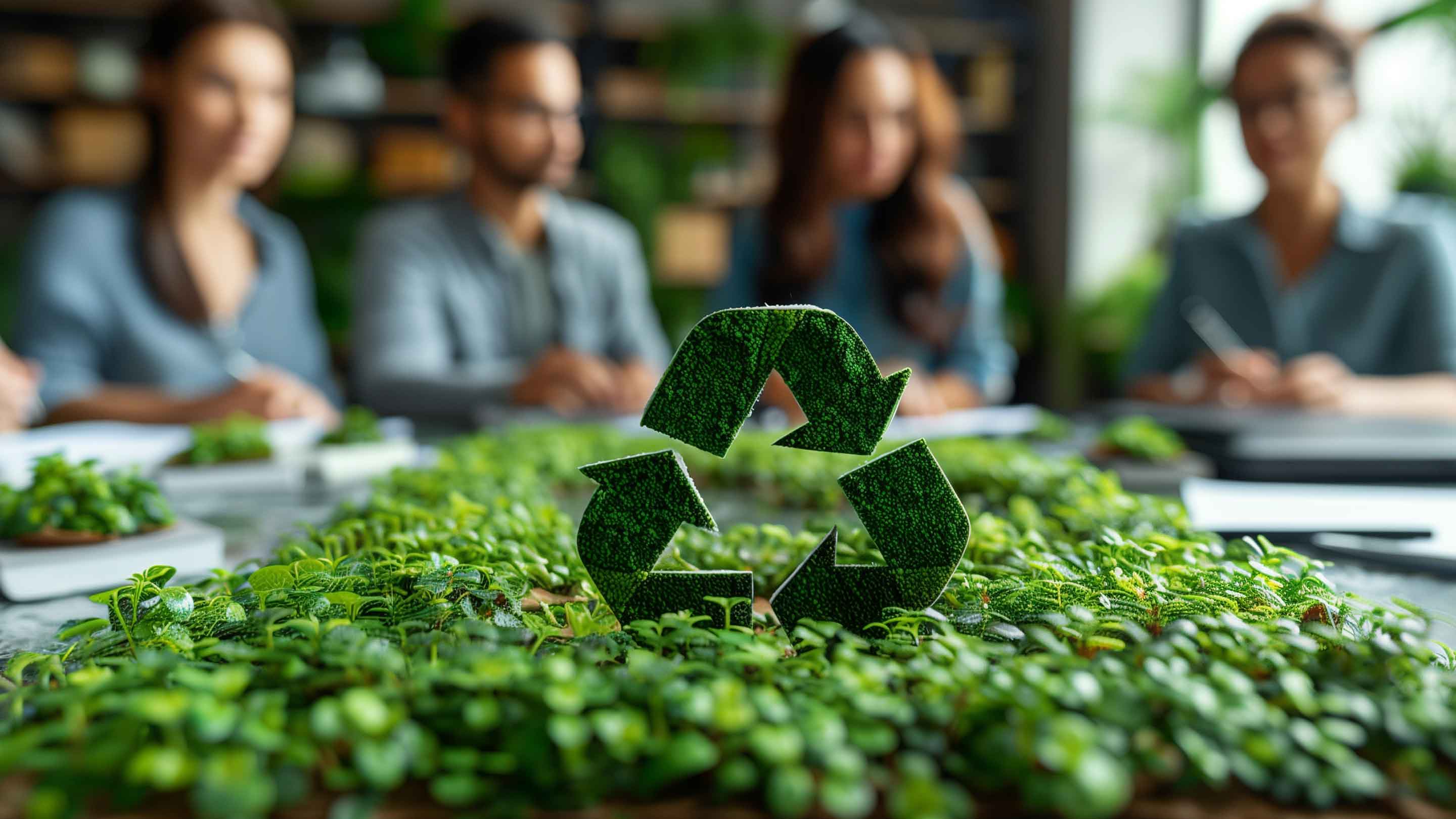 Recyclable symbol in front of sustainable business.