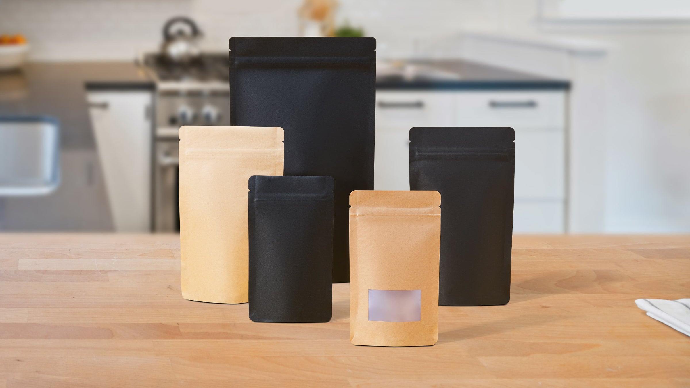 Biodegradable stand-up pouch (Doy Packs) packaging in a kitchen setting.