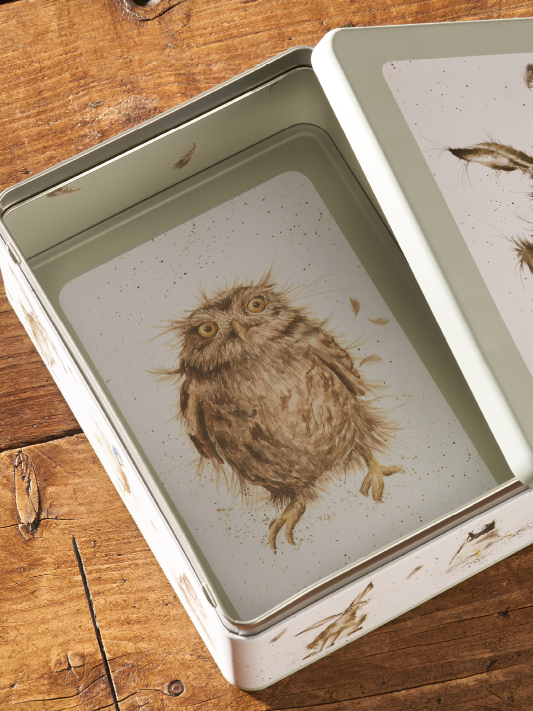 An owl printed on the inside of metal packaging.