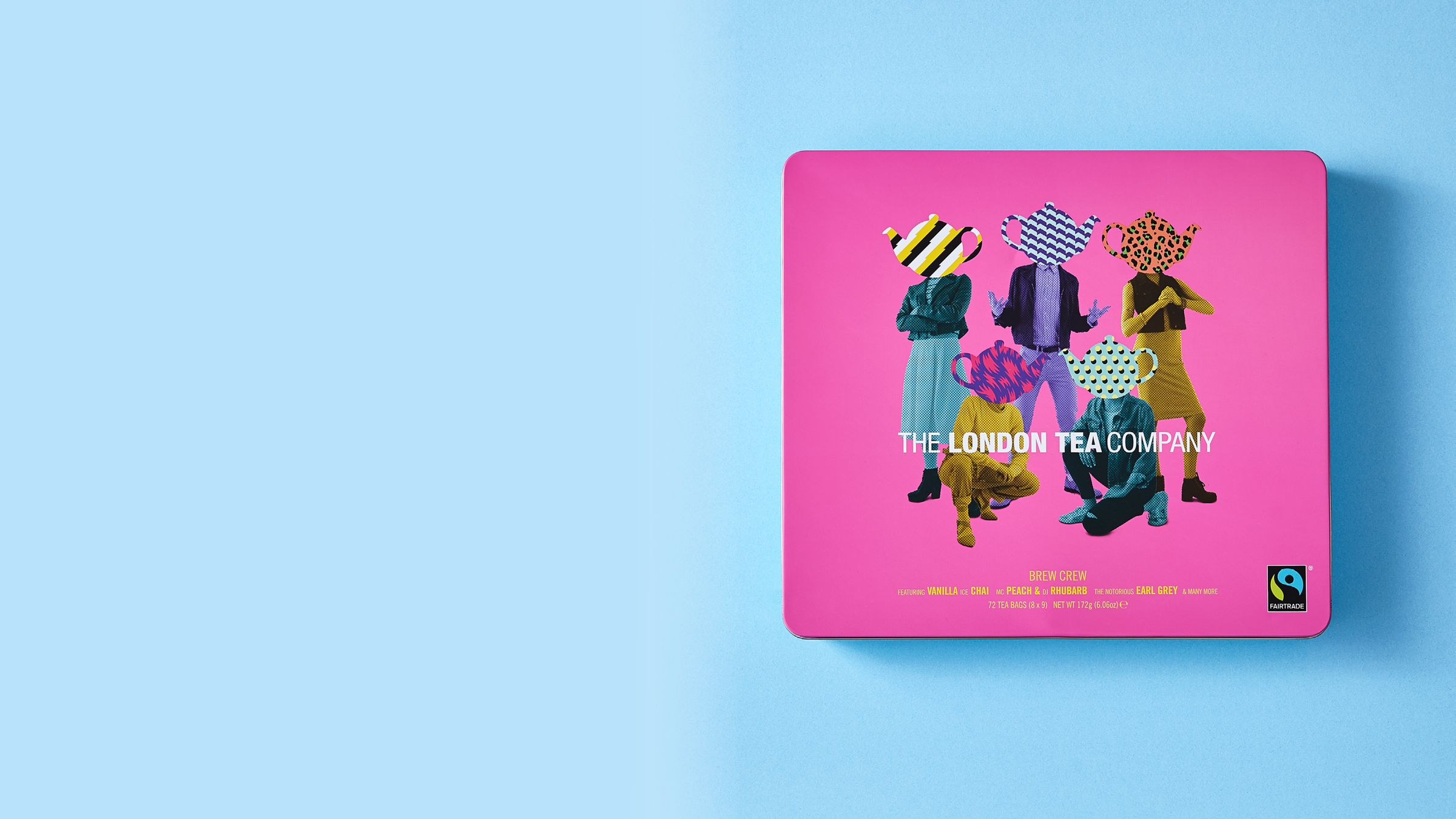 A large rectangular tin in blue and pink for the London Tea Company. The tin features people in different colours with tea pot on their head showing their preferred tea.