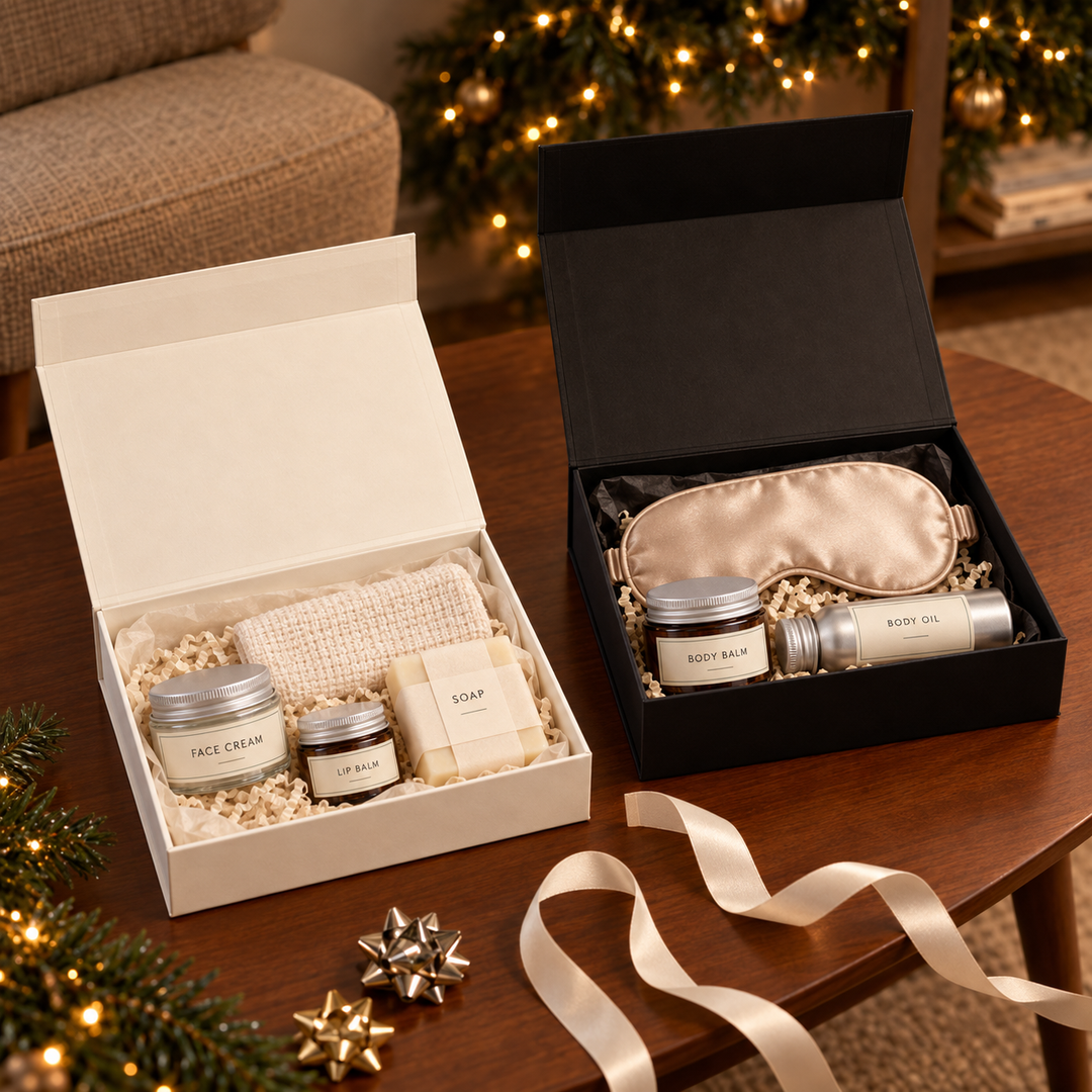 A Christmas-themed gift set displayed on a wooden table, featuring an open cream-colored box with face cream, lip balm, and soap, alongside a closed black box containing a satin sleep mask and bath oil. Festive holiday decorations, including a Christmas tree with warm lights, a beige armchair, and gold ornaments, are visible in the background.