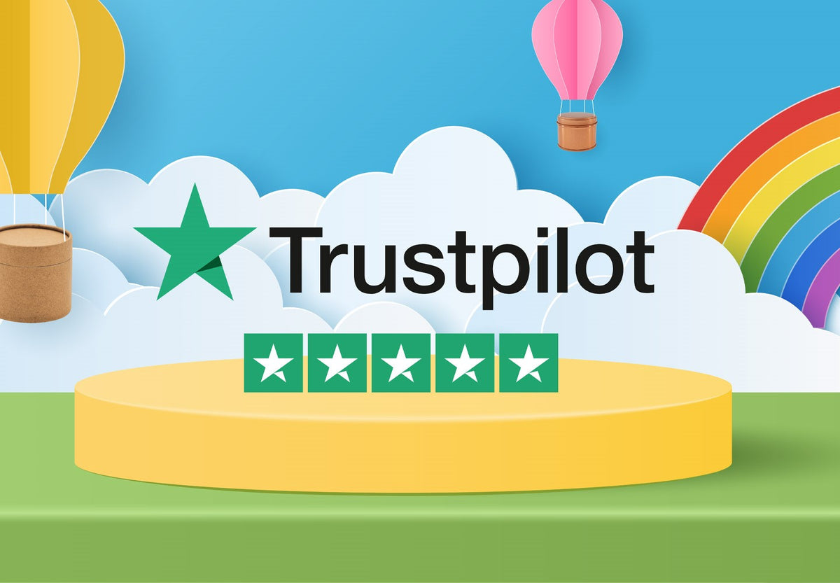 Trustpilot five star rating surrounded by tins and cardboard tubes being delivered by air balloon.