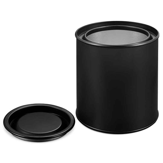 Black lever lid tin with lid off. 