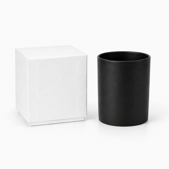 black glass candle jar with white candle box