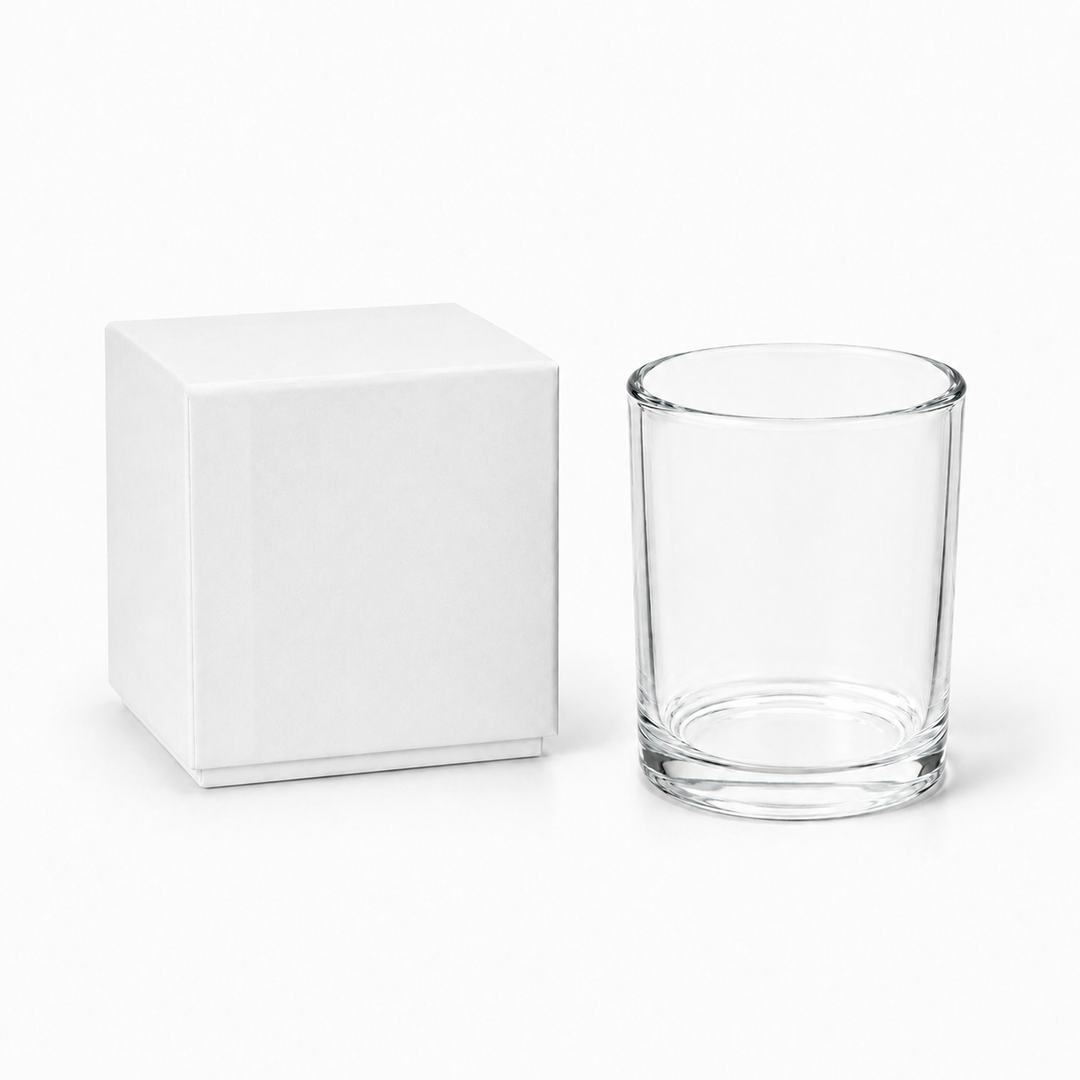 White candle box with clear glass jar 