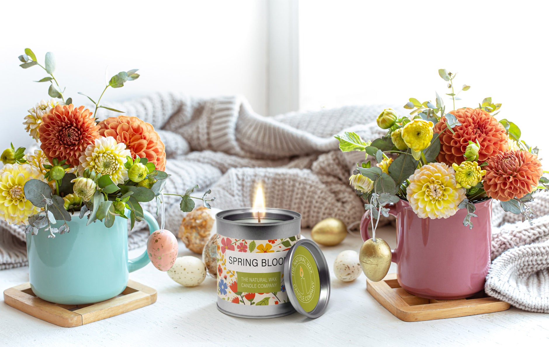 Candle tin packaging with Mother's Day and Easter aesthetic. 