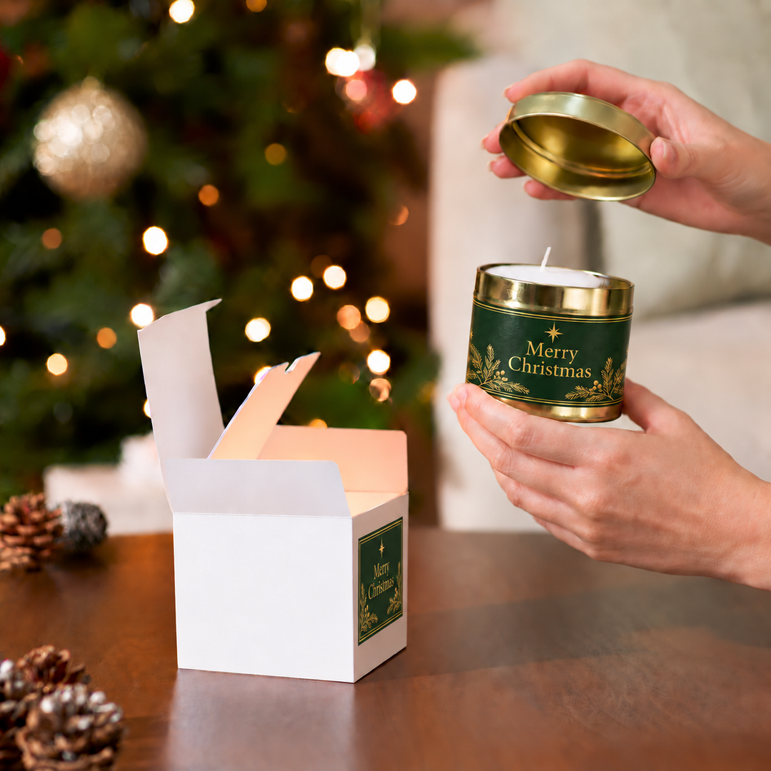 A person holds an open green and gold tin candle next to a white gift box on a wooden table, with a blurred Christmas tree in the background.