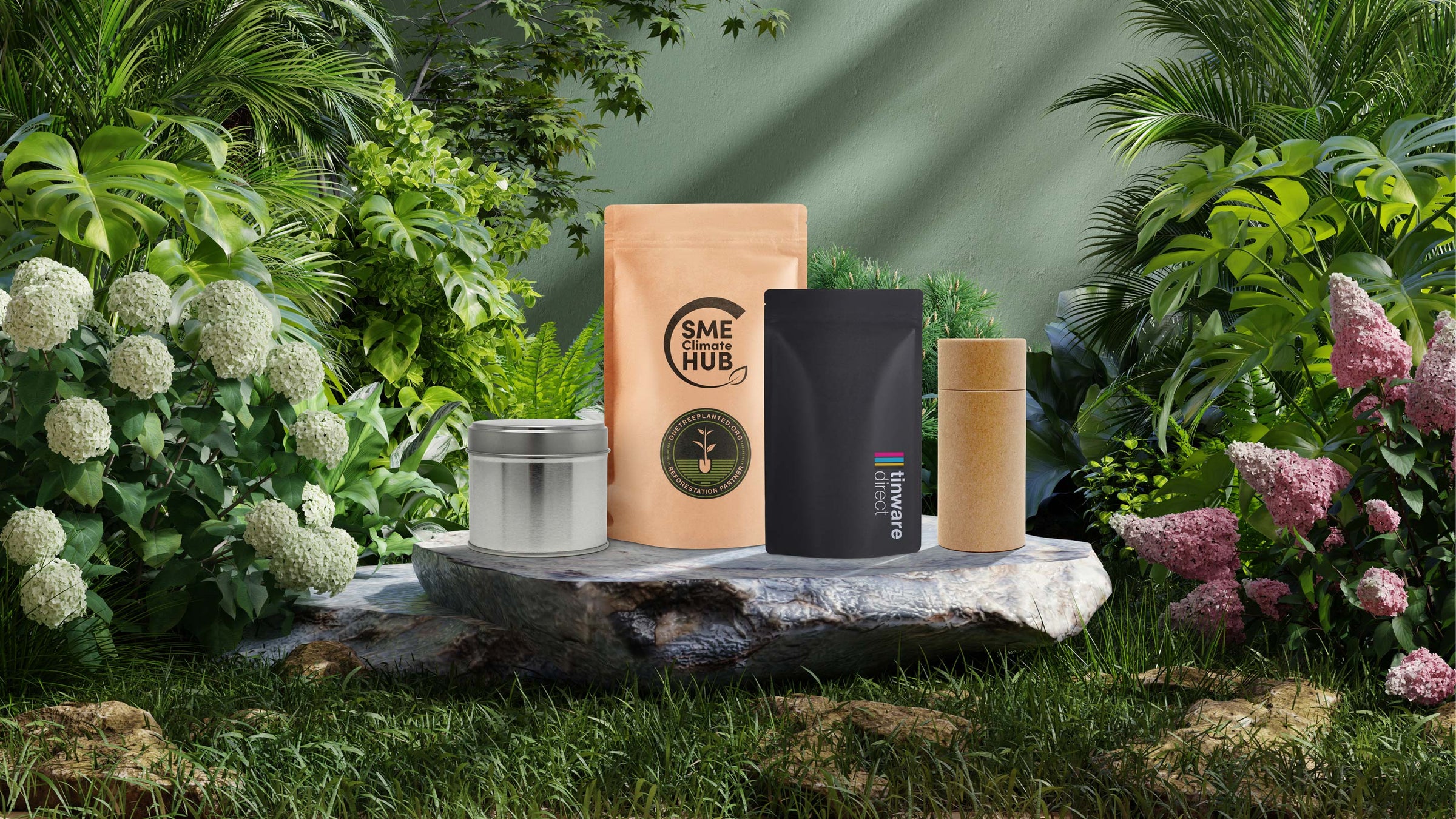 Sustainable packaging surrounded by greenery.