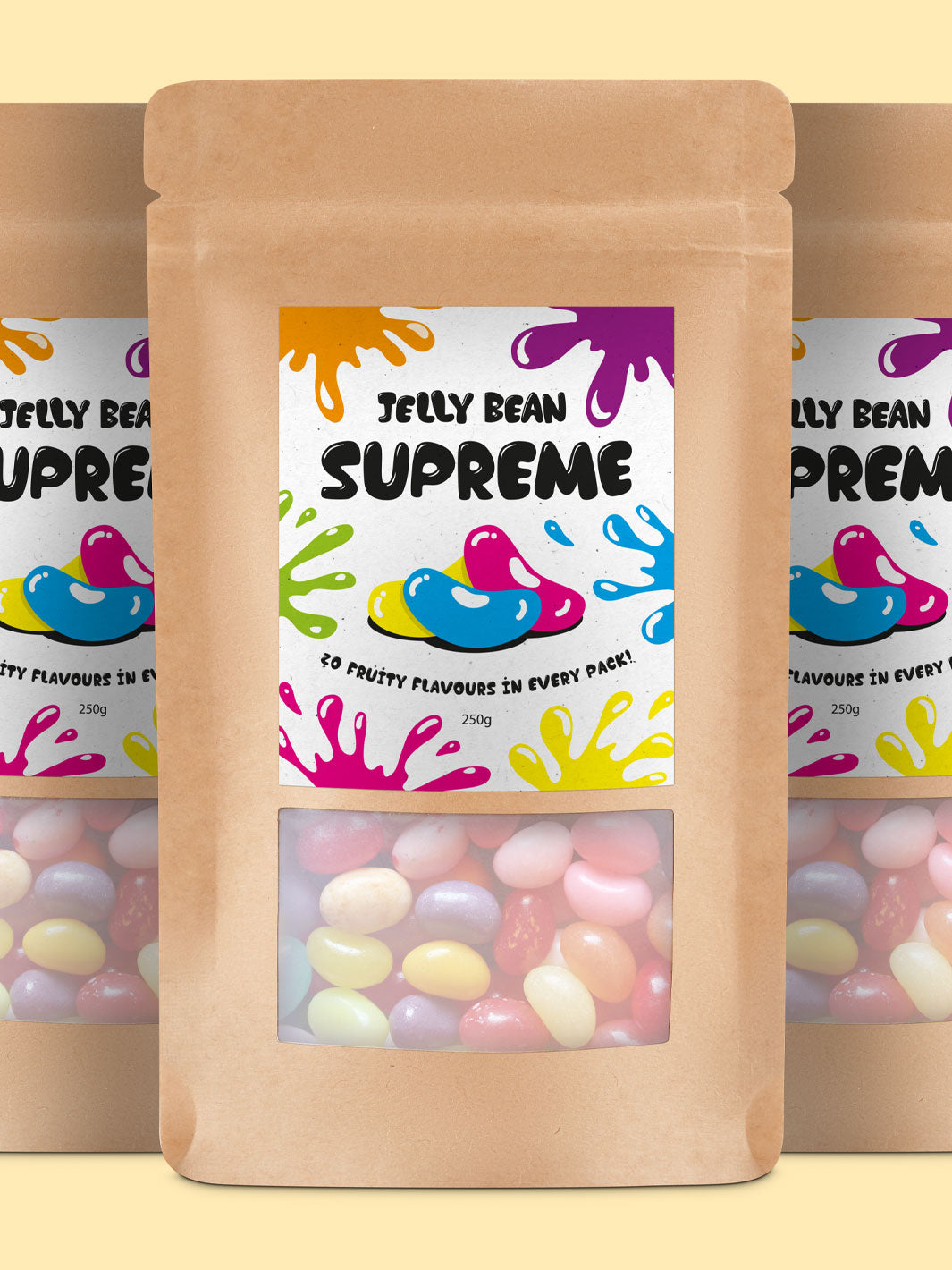 Labeled Stand Up Pouch Packaging with a jelly bean label and jelly beans visible in the window. 
