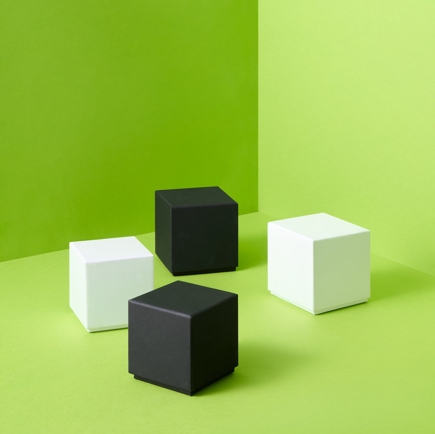 Square rigid gift boxes in black and white on a green background 