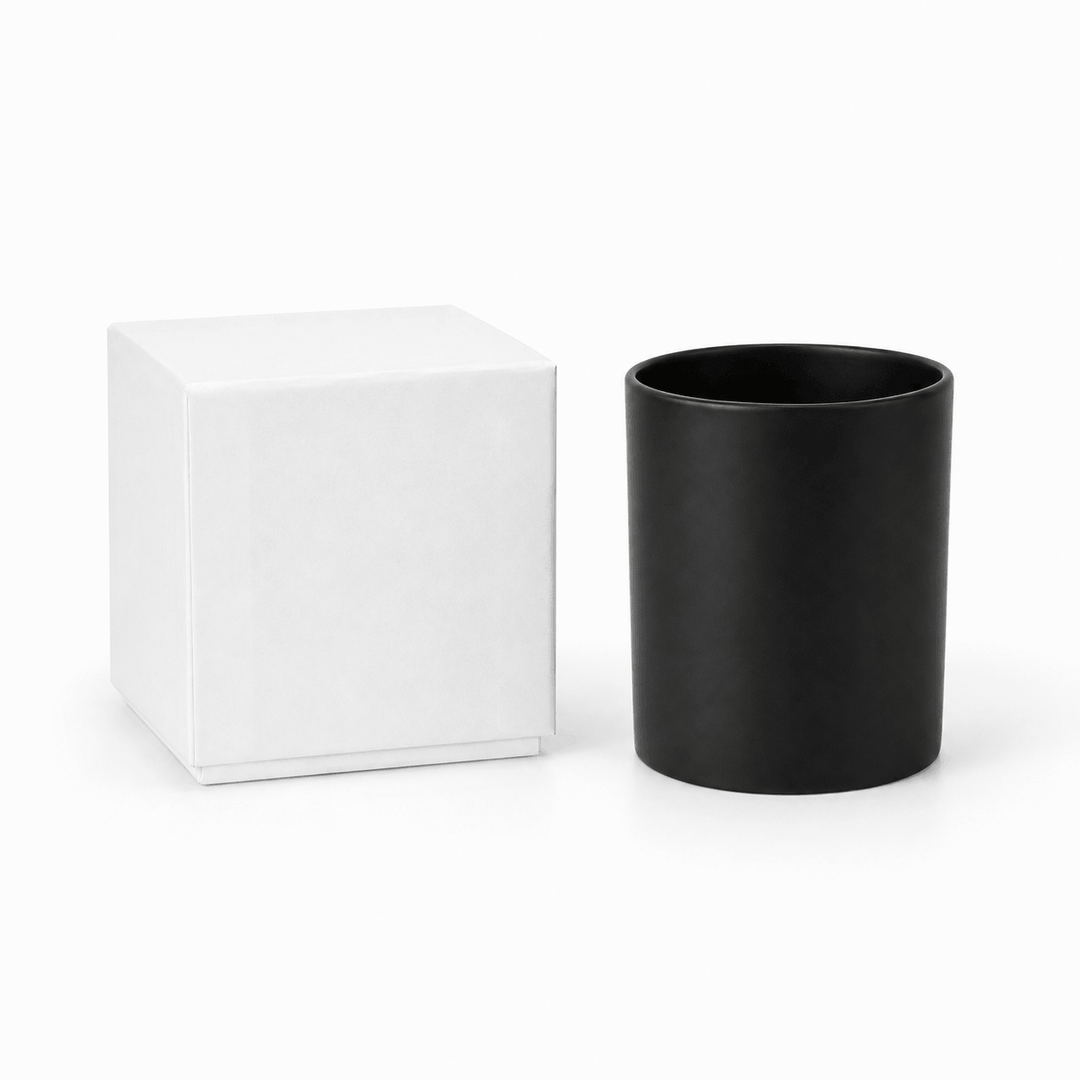 black glass candle jar with white candle box