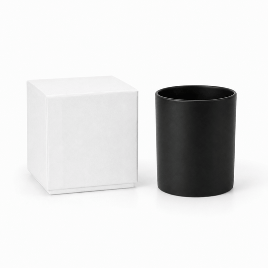 black glass candle jar with white candle box