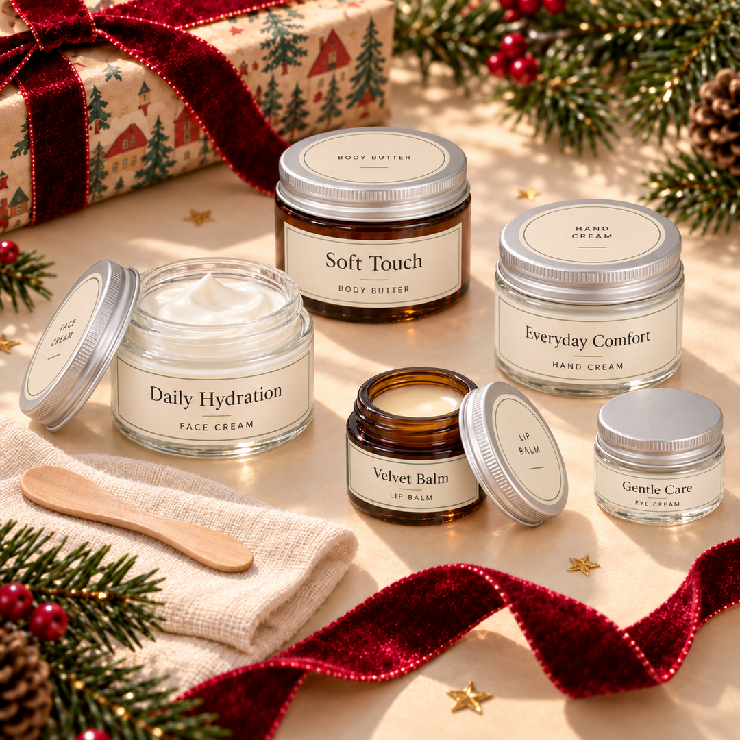 A styled flat-lay of six cosmetic and body care jars with silver lids and cream labels, arranged on a beige surface with pine branches, red ribbon, a gift box, and a wooden spatula. The jars are labeled Daily Hydration Face Cream, Soft Touch Body Butter, Everyday Comfort Hand Cream, Velvet Balm Lip Balm, and Gentle Care Lip Cream.