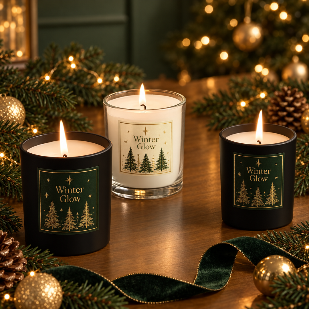 Three lit candles with 'Winter Glow' labels are arranged on a wooden table surrounded by pine branches, gold ornaments, and warm string lights in the background.