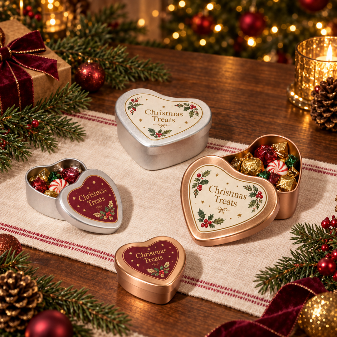 Four heart-shaped Christmas treats gift tins arranged on a cream table runner with pine branches, ornaments, and warm holiday lights in the background. The tins are shown both closed and open, revealing assorted chocolates and candy inside.