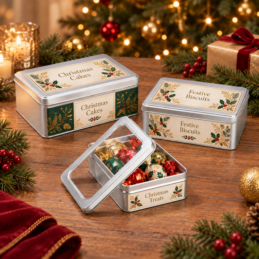Three silver metal gift boxes with holiday-themed labels are arranged on a wooden table. One box labeled Christmas Cakes is closed, one labeled Festive Biscuits is closed, and one labeled Christmas Treats is open, showing colorful wrapped chocolates inside.