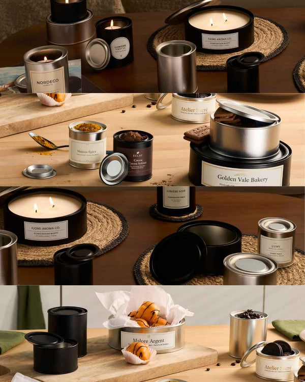 Collection of three four images with lever lid tins packaging biscuits, herbs, spices, hot chocolate, candles, and cakes. 