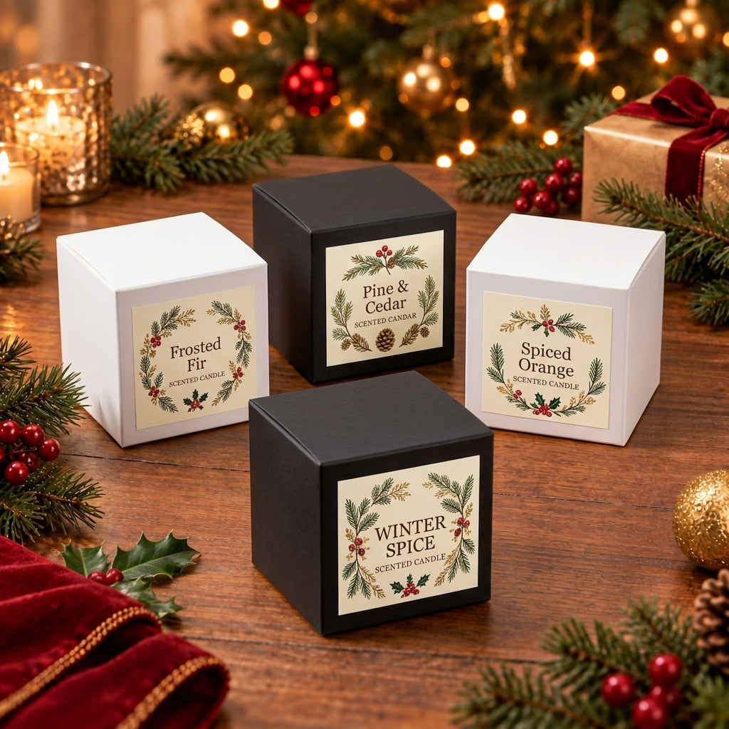 Four scented candles in square boxes arranged on a wooden table with Christmas decorations, including pine branches, red berries, a candle holder, and wrapped gifts in the background. The boxes are two white and two black, each with a decorative cream label featuring green foliage and red berries.