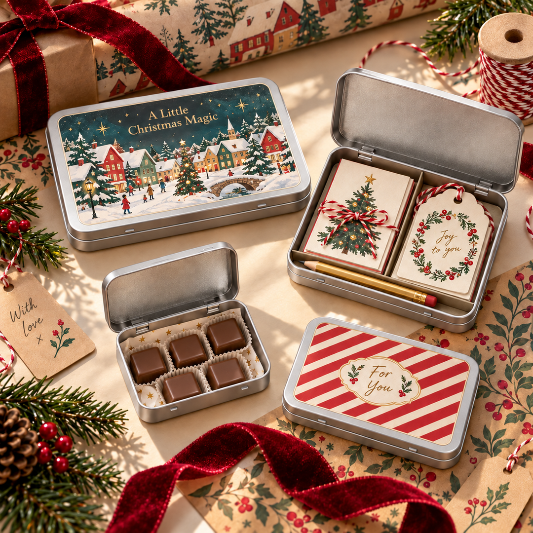 A styled flat-lay of three silver metal gift tins with festive Christmas illustrations, shown open and closed on patterned wrapping paper with red velvet ribbon, pine branches, and wrapped packages.