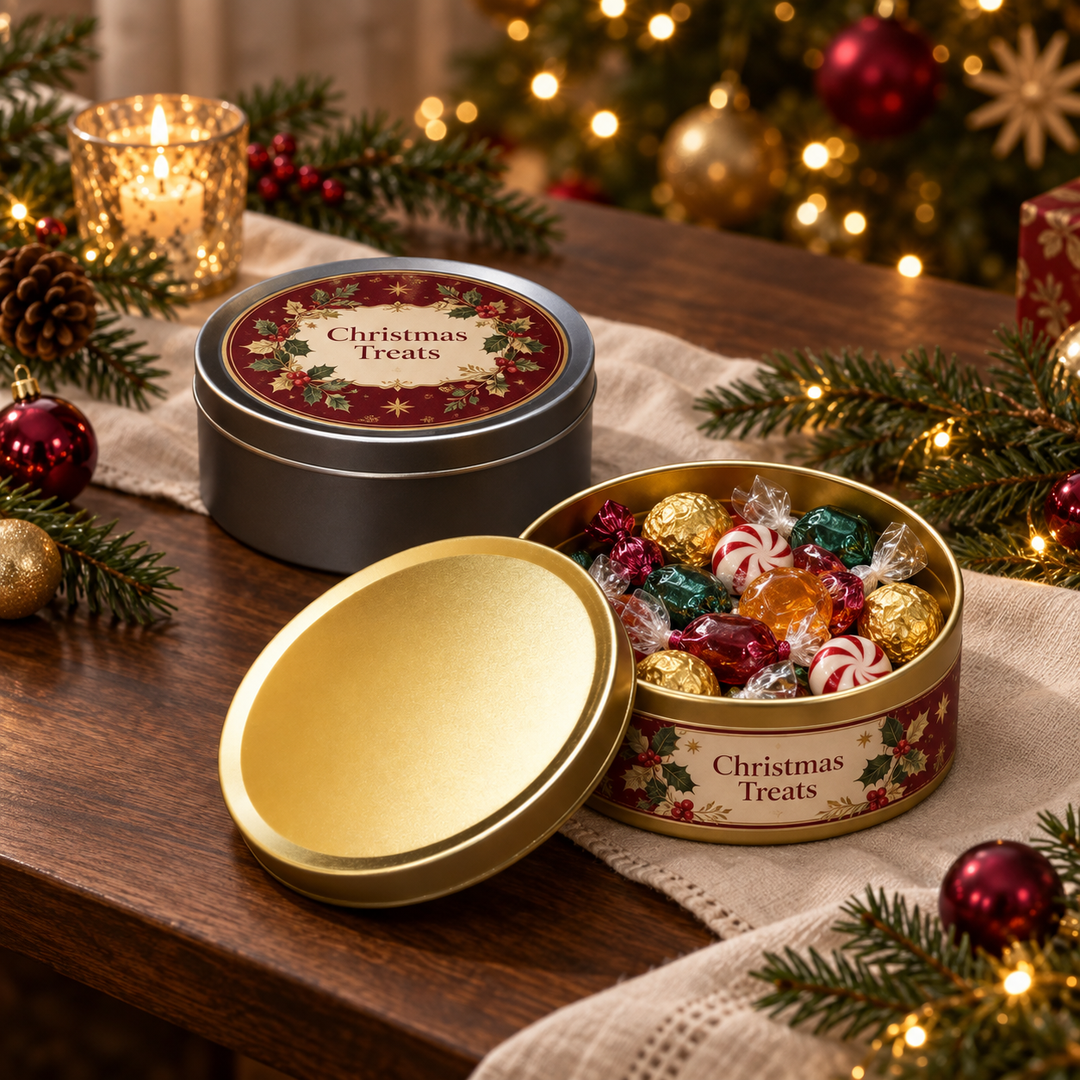 Two round Christmas-themed metal candy tins on a wooden table, one closed and one open showing assorted wrapped chocolates. The scene is decorated with evergreen branches, red ornaments, a lit candle, and a blurred Christmas tree in the background.