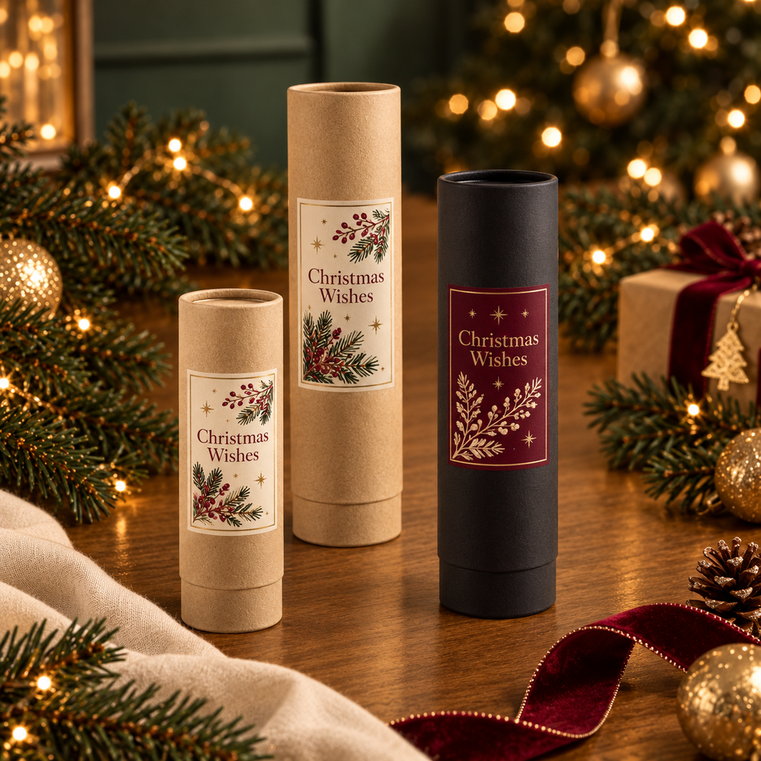 Three cylindrical gift tubes with Christmas-themed labels reading 'Christmas Wishes' are arranged on a wooden table surrounded by holiday greenery, warm string lights, ornaments, and wrapped presents.