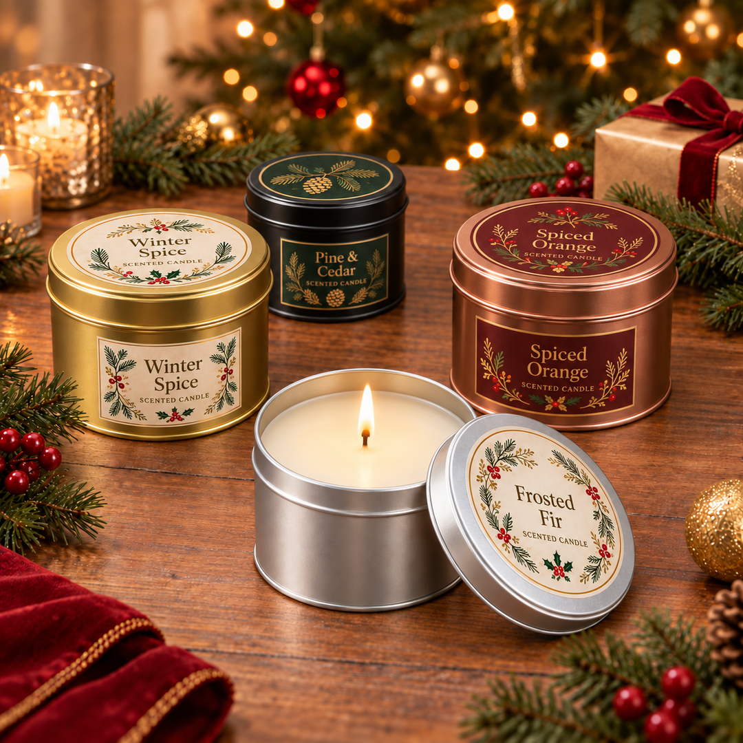 Four scented candles in round metal tins arranged on a wooden table with a festive holiday background. The tins include Winter Spice in gold, Pine & Cedar in dark green, Spiced Orange in copper, and a lit Frosted Fir candle in silver with its lid leaning beside it.