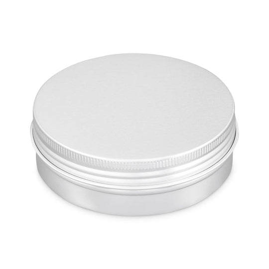 Round aluminium tin packaging in silver with a screw lid.